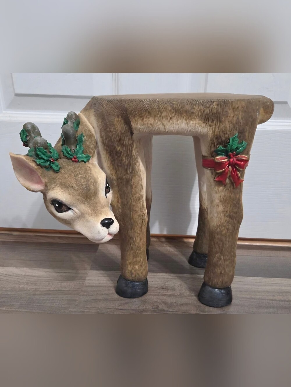 Christmas Deer Sculpted Resin Flat Top Plant Stand Foot Stool Animal Art 11" H